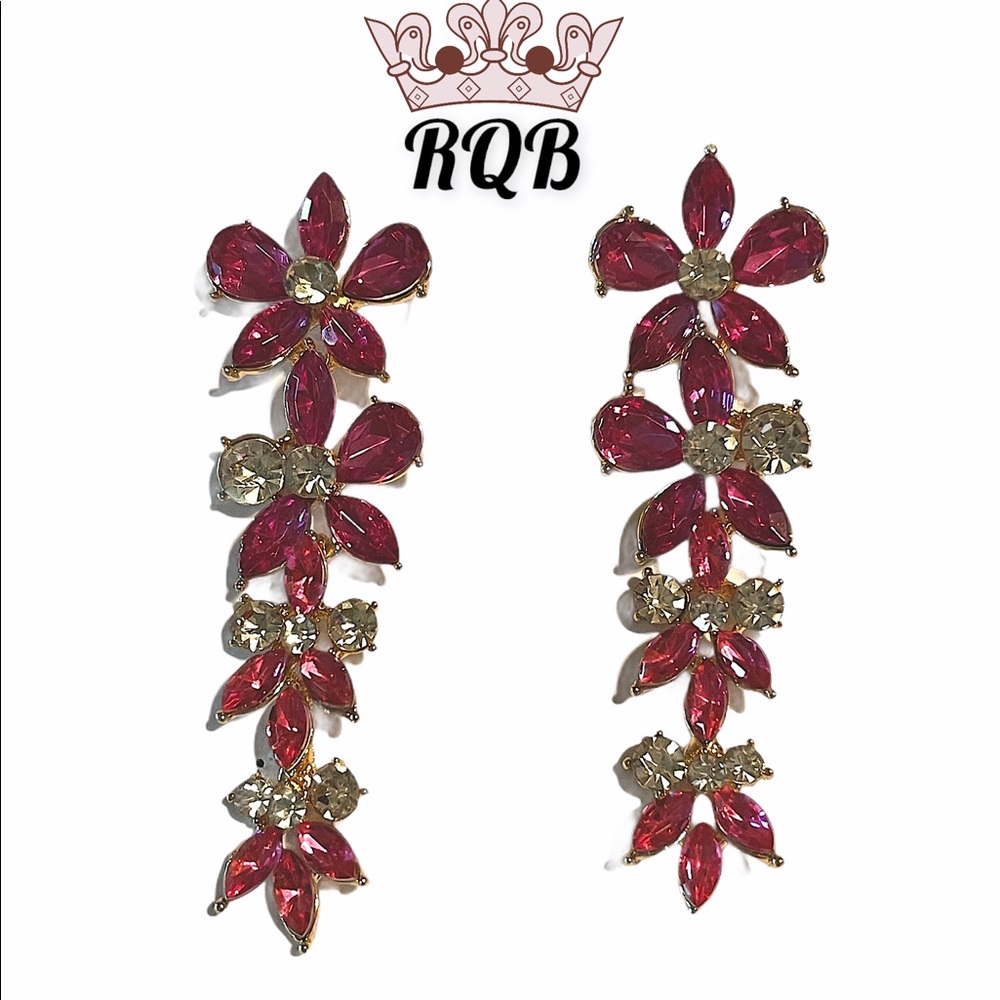 Pink Flower Crystal Earrings Medium Length